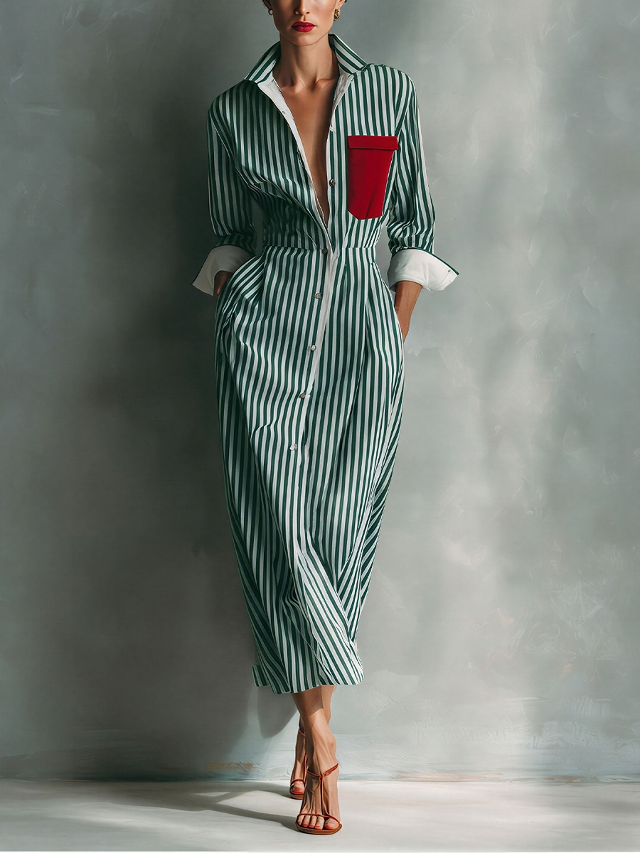 Abito-camicia da donna blu e bianco con taschino rosso sul petto