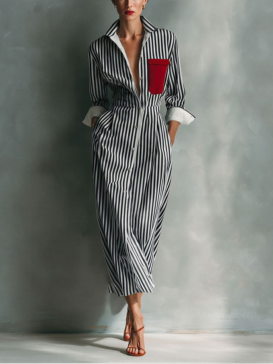 Abito-camicia da donna blu e bianco con taschino rosso sul petto