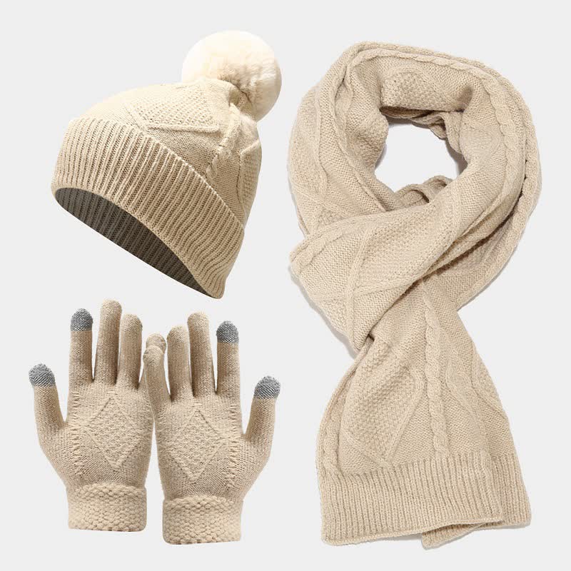 Set da donna in maglia con berretto, sciarpa e guanti