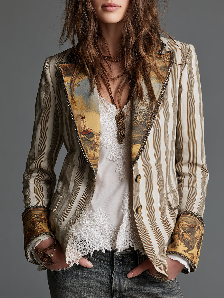Suzanne | Blazer Striato Bohemien con Collo Stampato