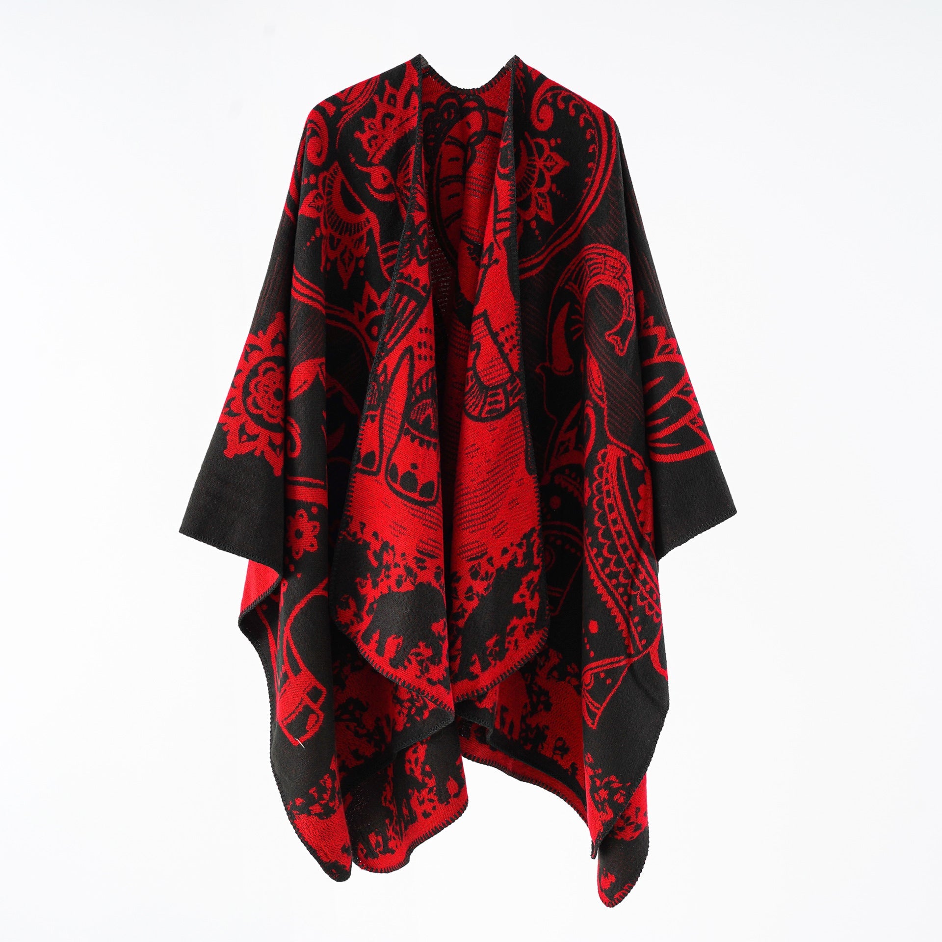 Poncho da donna con motivo floreale e frange