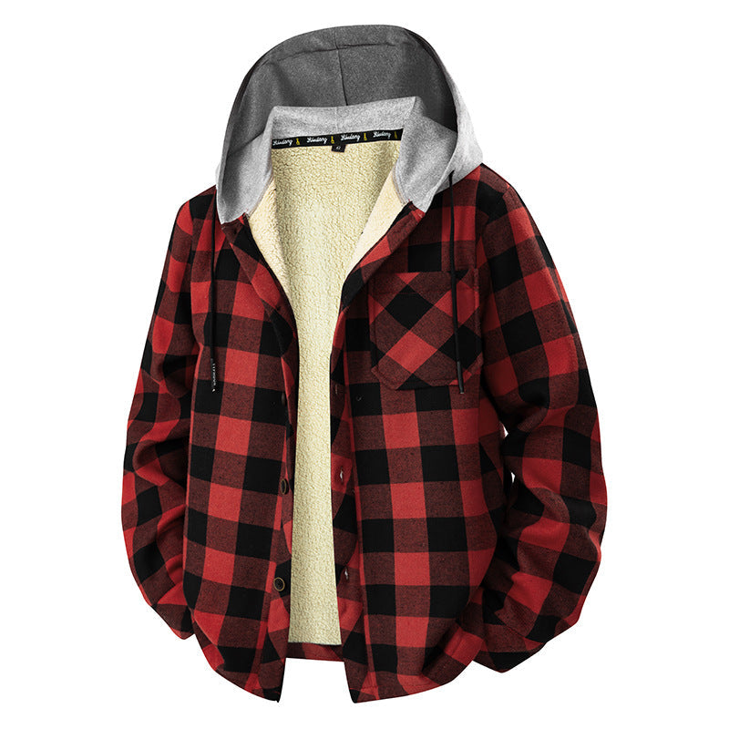 Overshirt da uomo a quadri con cappuccio, tasca sul petto e chiusura con bottoni a pressione