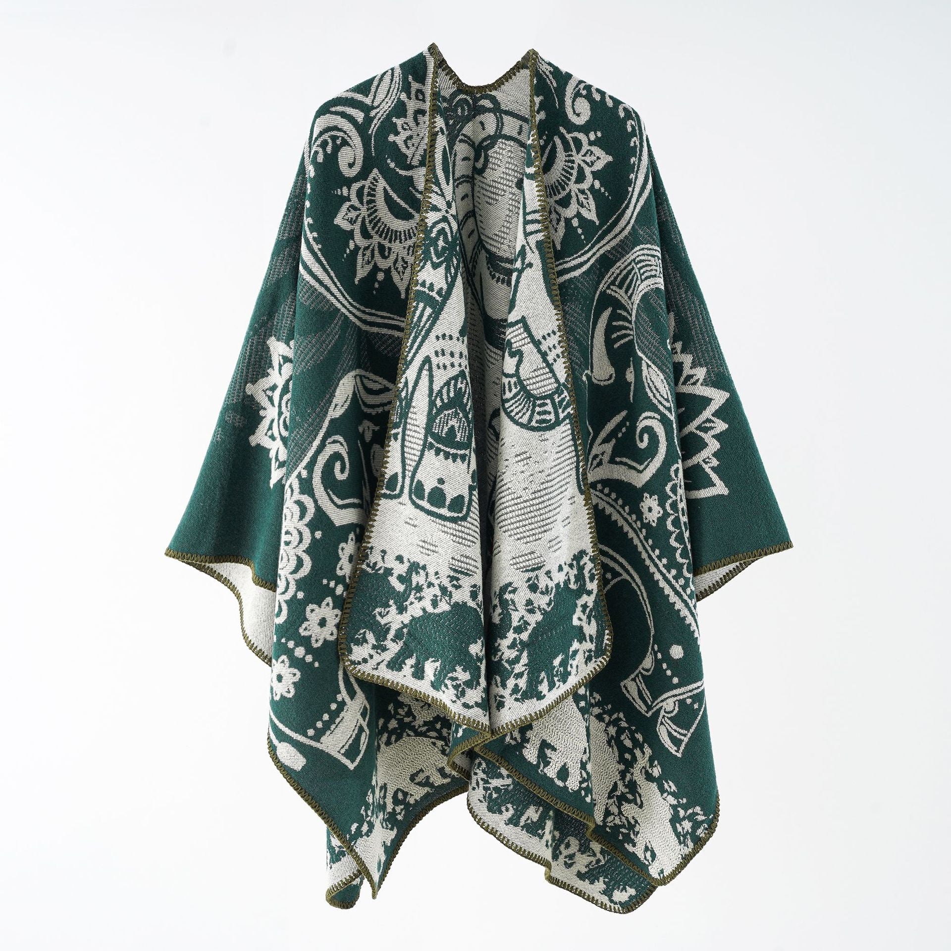 Poncho da donna con motivo floreale e frange