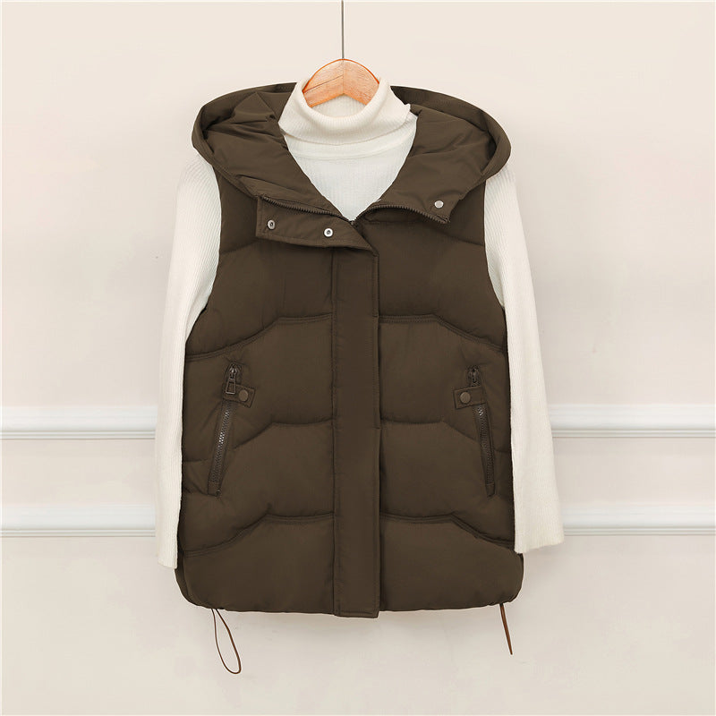 Gilet da donna imbottito con cappuccio, coulisse e tasche con cerniera