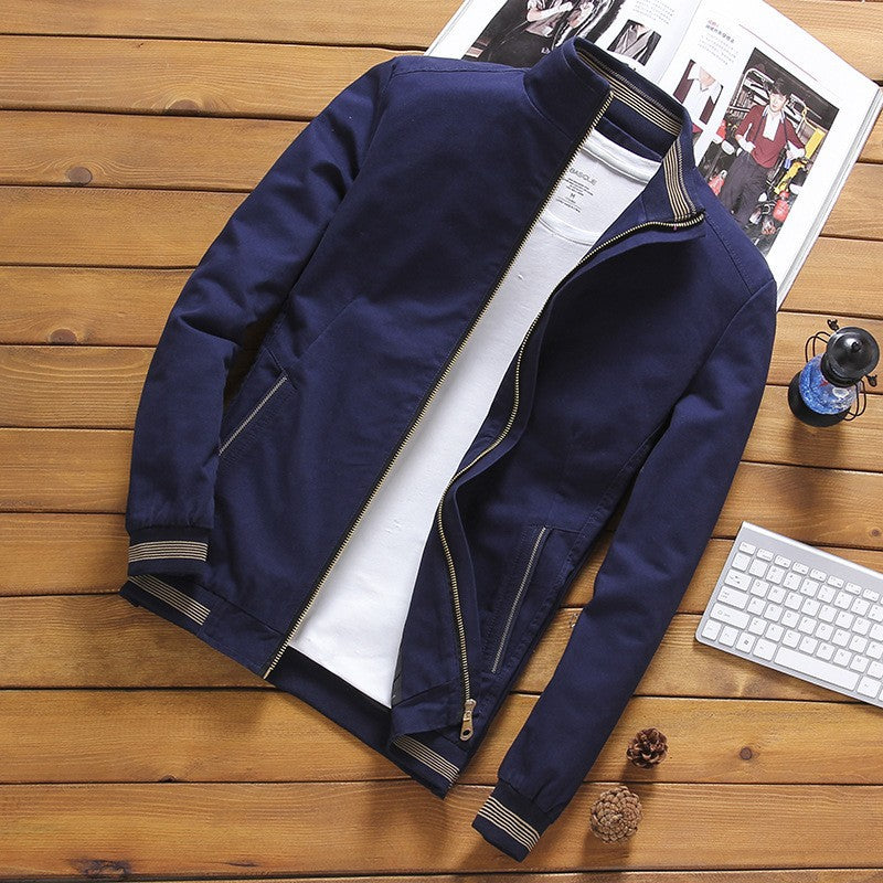 Giacca leggera da uomo in stile bomber con colletto alla coreana e bordi a coste a righe