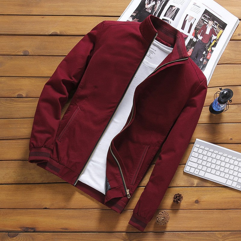 Giacca leggera da uomo in stile bomber con colletto alla coreana e bordi a coste a righe