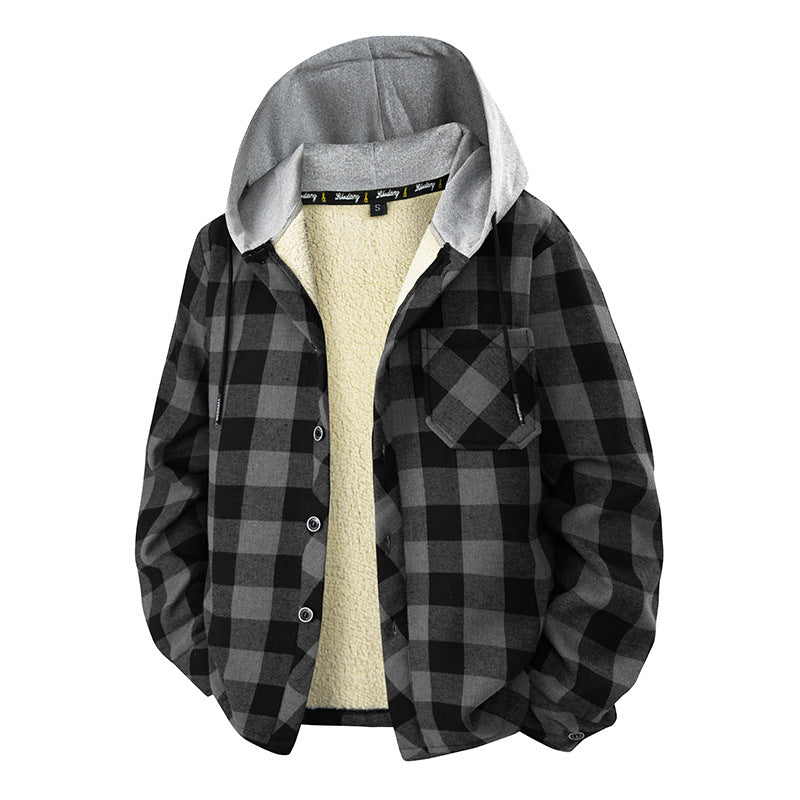 Overshirt da uomo a quadri con cappuccio, tasca sul petto e chiusura con bottoni a pressione