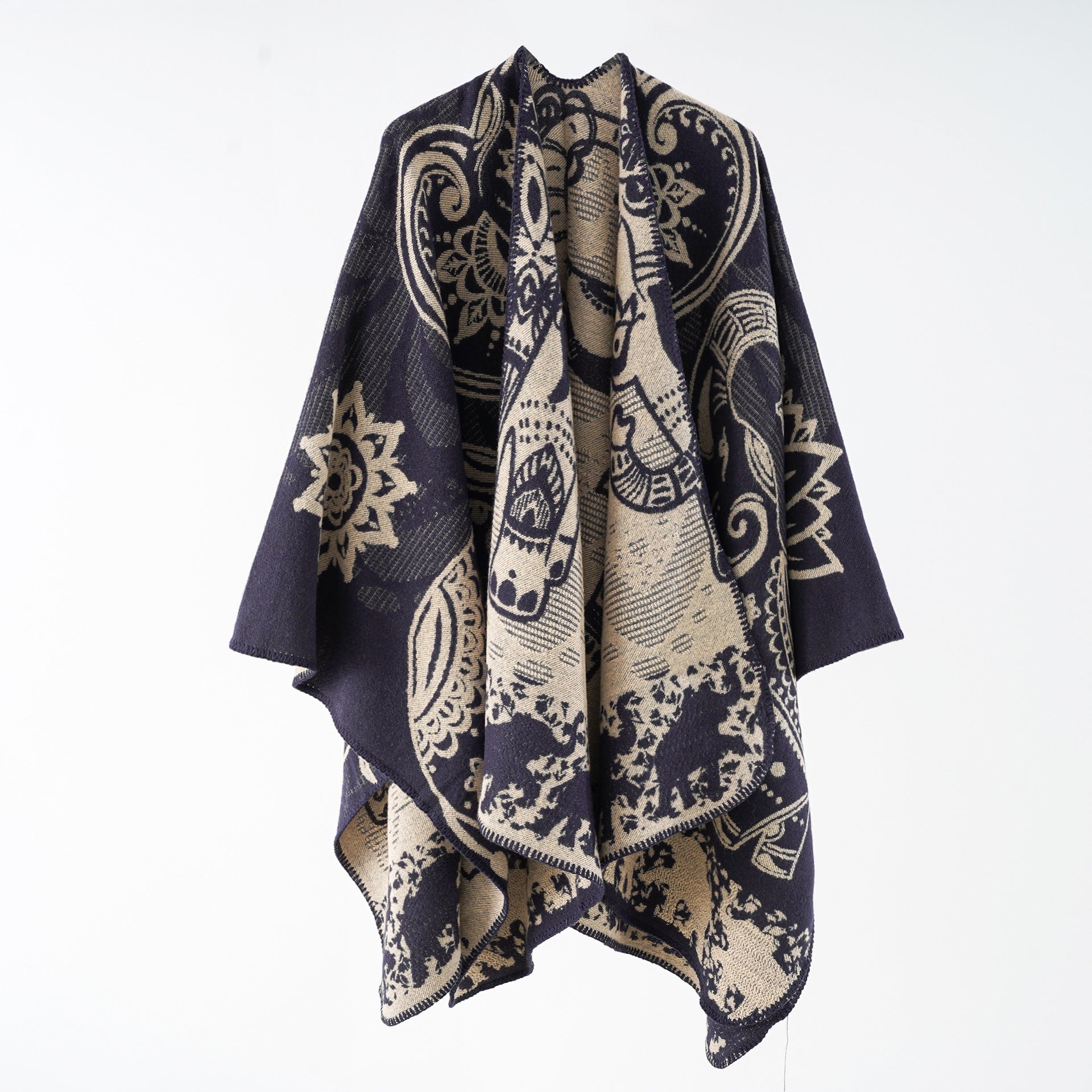 Poncho da donna con motivo floreale e frange