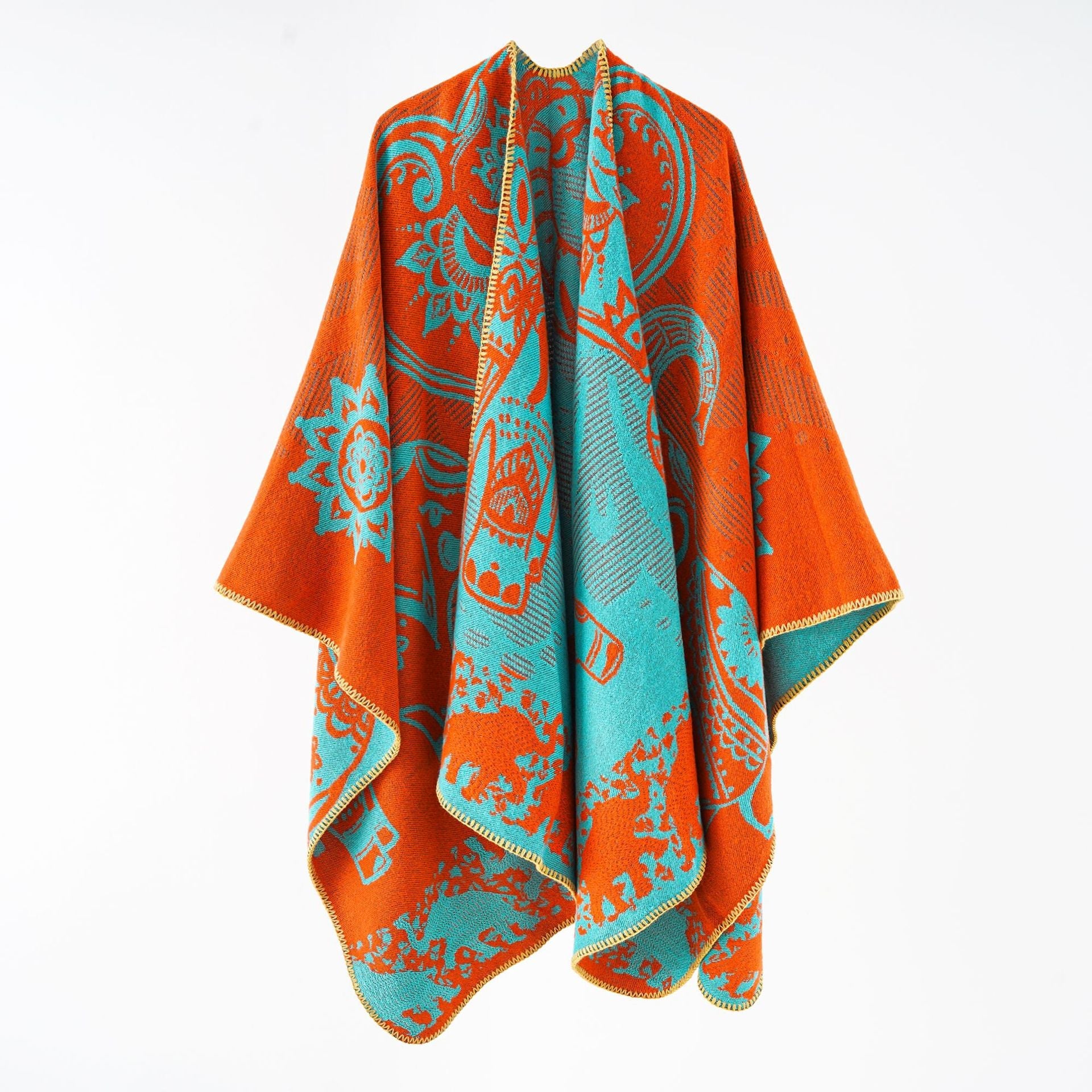 Poncho da donna con motivo floreale e frange