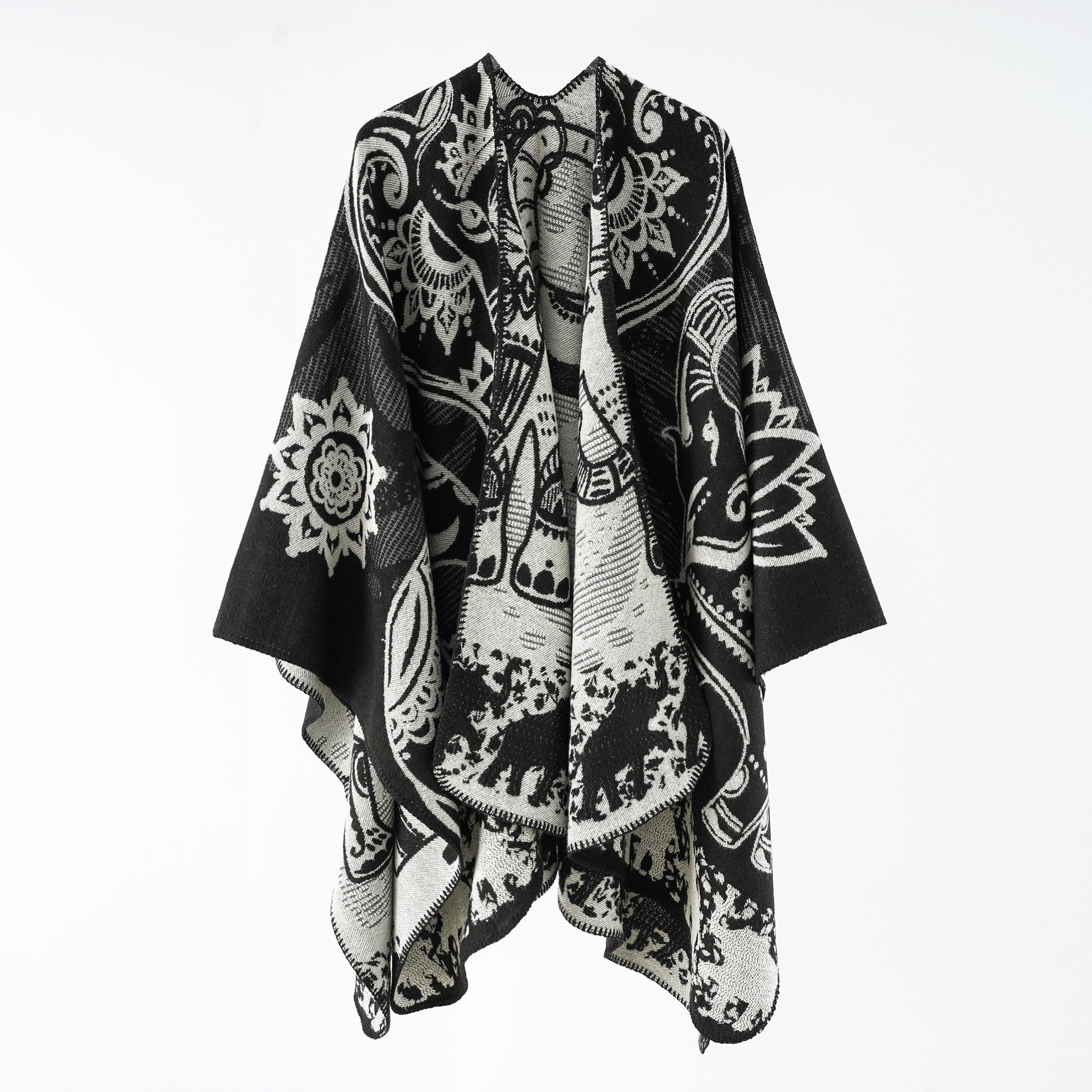 Poncho da donna con motivo floreale e frange