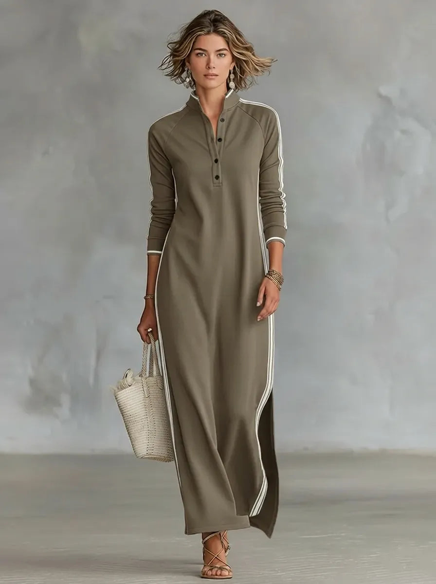 Abito felpa minimalista da donna con colletto bianco e abbottonatura frontale
