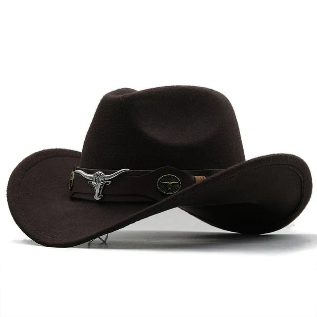 Cappello western in feltro con fascia con fibbia a forma di toro
